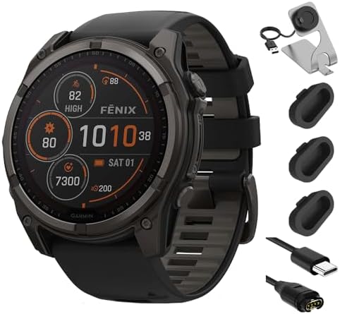 Garmin Fenix 8 47mm Solar Sapphire Multisport GPS Smartwatch, Carbon Gray DLC Titanium with Black/Pebble Gray, 010-02906-10 - Bundle w/Deco Essentials Charging Dock, Dust Cover and USB-C Cable