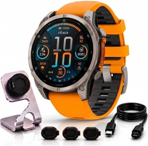 Garmin Fenix 8 47mm AMOLED Sapphire Multisport GPS Smartwatch, Titanium with Spark Orange Silicone Band, 010-02904-10 - Bundle w/Deco Essentials Charging Dock, Dust Cover and USB-C Cable