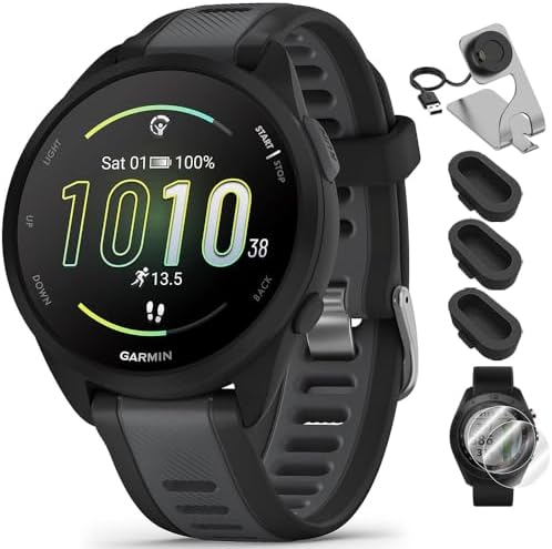 Garmin 010-02863-20 Forerunner 165 Smart Sport Watch Black + Slate Gray Bundle with Deco Essentials Charging Dock, Silicone Dust Cover 3 Pack and Screen Protector for 1.2 inch 2 Pack