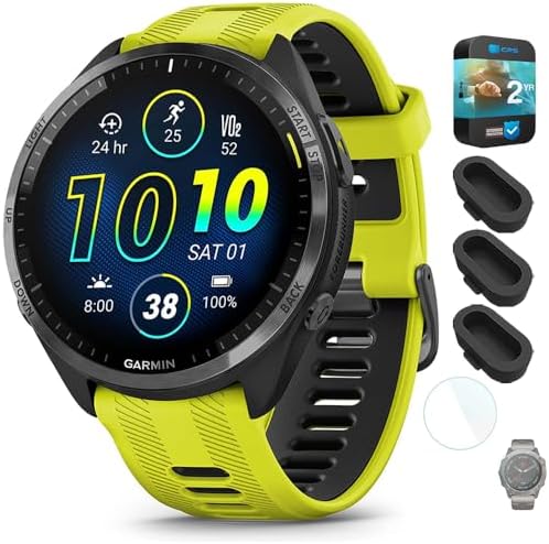 Garmin 010-02809-02 Forerunner 965 Running Smartwatch Amp Yellow and Black Bundle with Silicone Dust Cover 3 Pack, 1.4 Inch Screen Protector and 2 YR CPS Enhanced Protection Pack