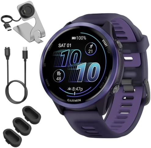Garmin 010-02971-02 Forerunner 570-47mm GPS Smartwatch, Aluminum and Purple/Indigo Band Bundle with Deco Essentials Charging Dock, 3X Silicone Dust Cover and USB Type C Charging and Sync Cable