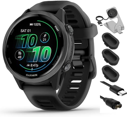 Garmin 010-02970-00 Forerunner 570-42mm GPS Smartwatch Aluminum and Black Band Bundle with Deco Essentials Charging Dock, Silicone Dust Cover 3 Pack and USB Type C Charging and Sync Cable