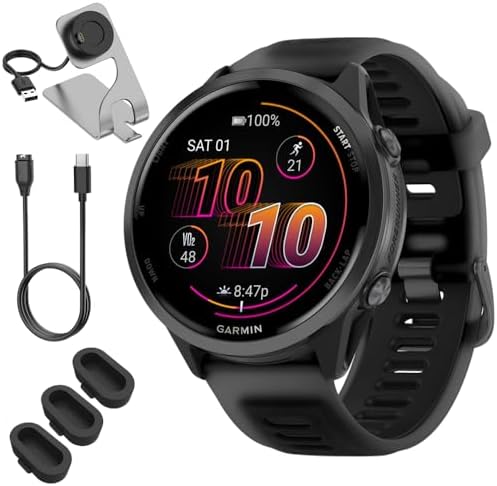Garmin 010-02971-00 Forerunner 570-47mm GPS Smartwatch, Aluminum and Black Band Bundle with Deco Essentials Charging Dock, 3X Silicone Dust Cover and USB Type C Charging and Sync Cable