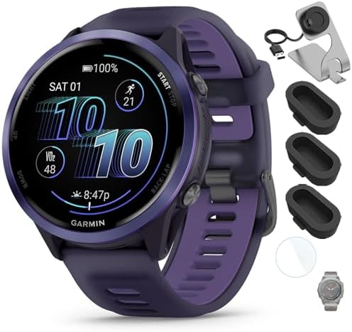 Garmin 010-02971-02 Forerunner 570-47mm GPS Smartwatch Aluminum and Purple/Indigo Band Bundle with Deco Essentials Charging Dock, Silicone Dust Cover 3 Pack and 1.4 Inch Screen Protector