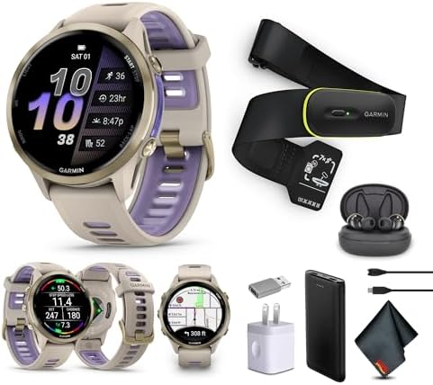 Garmin Forerunner 970 Running Smartwatch, GPS Fitness Watch for Men and Women, Soft Gold Titanium with French Gray Case/Translucent Indigo Band​ + Access 600 Fitness Monitor, XS-S​​ + More