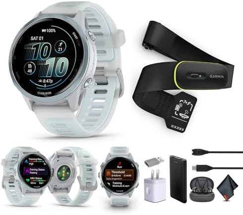 Garmin Forerunner 570 Running Smartwatch, 42MM WiFi, GPS Fitness Watch for Men and Women, Cloud Blue Aluminum with Translucent Whitestone/Cloud Blue Band​​ + Access 600 Fitness Monitor, M-XL​ + More