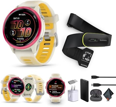 Garmin Forerunner 570 Running Smartwatch, 42MM WiFi, GPS Fitness Smart Watch for Men and Women, Raspberry Aluminum with Translucent Bone/Mango Band​ + Access 600 Fitness Monitor, M-XL​ + More