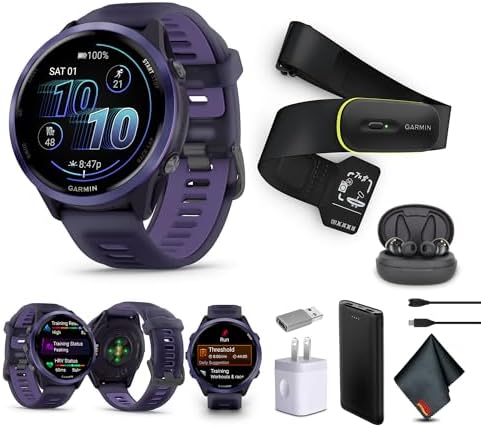Garmin Forerunner 570 Running Smartwatch, 47MM WiFi, GPS Fitness Watch for Men and Women, Indigo Aluminum with Translucent Imperial Purple/Indigo Band​ + Access 600 Fitness Monitor, XS-S​​ + More