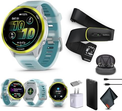 Garmin Forerunner 570 Running Smartwatch, 47MM WiFi, GPS Fitness Watch for Men and Women, Amp Yellow Aluminum with Translucent Whitestone/Turquoise Band​ + Access 600 Fitness Monitor, XS-S​​ + More