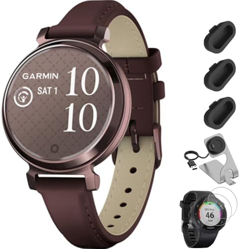 Garmin Lily 2 Classic Dark Bronze with Mulberry Leather Band Smartwatch Bundle with Charging Dock for Venu 3 + Silicone Dust Cover (3-Pack) + Tempered Glass Screen Protector (2-Pack)