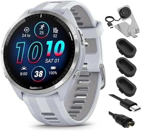 Garmin 010-02809-01 Forerunner 965 Running Smartwatch Whitestone and Powder Gray Bundle with Deco Essentials Charging Dock, Silicone Dust Cover 3 Pack and USB Type C Charging and Sync Cable