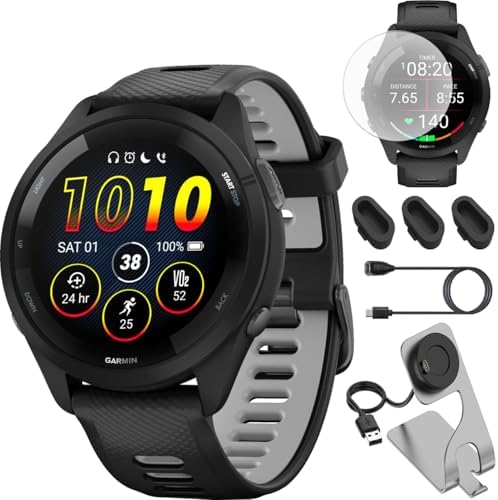 Garmin Forerunner 265 Running GPS Smartwatch, AMOLED Display, 46mm, Black/Powder Gray, 010-02810-00 - Bundle w/Deco Essentials Charging Dock, Dust Cover and Screen Protector