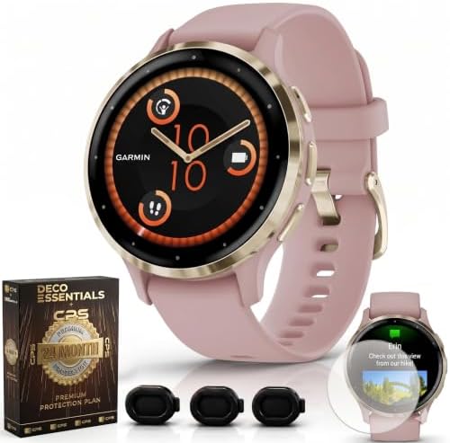 Garmin Venu 3S Soft Gold Stainless Steel Bezel AMOLED Smartwatch, 41mm Dust Rose Case, 010-02785-03 - Bundle w/Deco Essentials 2-Year CPS Plan