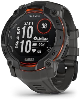 Garmin Instinct 3 50mm, Solar Charged Display, Rugged Outdoor GPS Smartwatch, Metal-Reinforced Bezel, Built-in Flashlight, Black with Charcoal Band (Renewed)