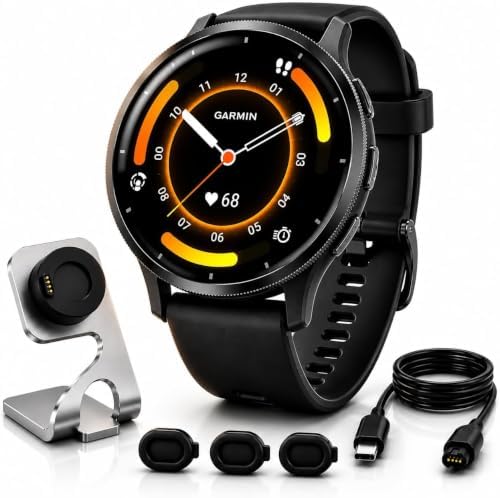 Garmin Venu 3S Silver Stainless Steel Bezel AMOLED Smartwatch, 41mm Sage Gray Case, 010-02785-01 - Bundle w/Deco Essentials Charging Dock, Dust Cover and USB-C Cable