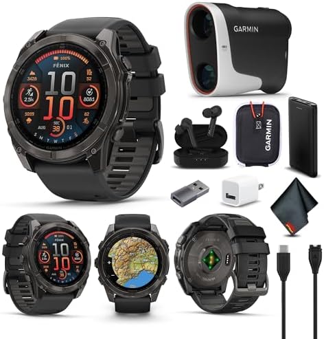 Garmin Fenix 8 51MM AMOLED Sapphire Premium Multisport GPS Smartwatch Carbon Gray DLC Titanium with Gray Silicone Band, Health & Fitness Smart Watch Bundle with Approach Z30 Golf Laser Range Finder