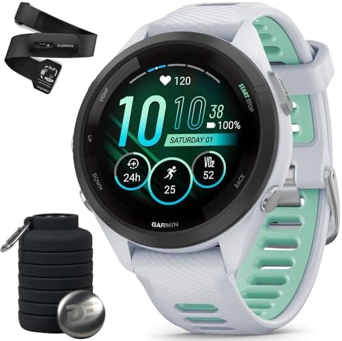 Garmin Forerunner 265S Running GPS Smartwatch, AMOLED Display, 42mm, Whitestone/Neo Tropic, 010-02810-04 - Bundle w/Deco Essentials Heart Rate Monitor XS-S Strap and Water Bottle