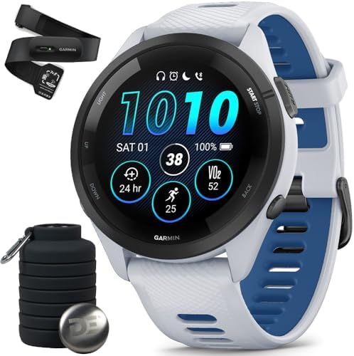 Garmin Forerunner 265 Running GPS Smartwatch, AMOLED Display, 46mm, Whitestone/Tidal Blue, 010-02810-01 - Bundle w/Deco Essentials Heart Rate Monitor XS-S Strap and Water Bottle