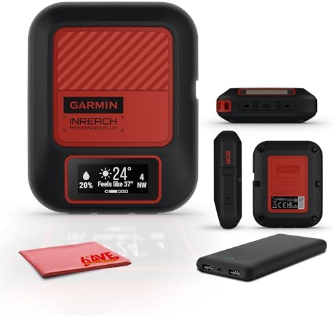 Garmin inReach Messenger Plus, SOS Handheld Satellite Communicator with Photo, Text & Voice Messaging Without Cell Service, 25 Days Battery Life, Bundle with Accessories