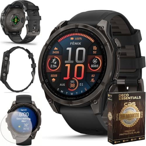 Garmin Fenix 8 47mm AMOLED Sapphire Multisport GPS Smartwatch, Carbon Gray Titanium with Black Silicone Band, 010-02904-20 - Bundle w/Deco Essentials 26-Month CPS Plan