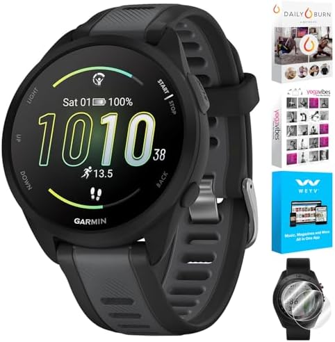 Garmin 010-02863-20 Forerunner 165 Smart Sport Watch, Black + Slate Gray | Official USA Partner Model | Bundle with Deco Essentials 2-Pack Screen Protector and Tech Smart USA Fitness & Wellness Suite