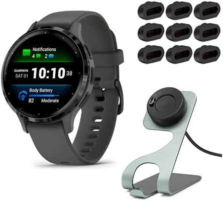 Garmin Venu 3S Smartwatch (Slate/Gray) Bundle with Charging Stand and Port Plugs (3 Items)