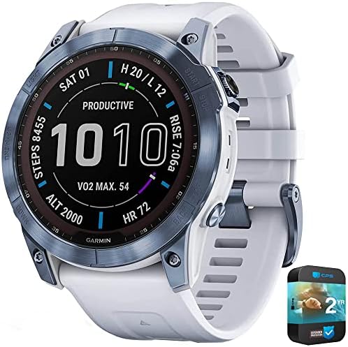 Garmin 010-02541-14 Fenix 7X Sapphire Solar Smartwatch Mineral Blue Titanium with Whitestone Band Bundle with 2 YR CPS Enhanced Protection Pack