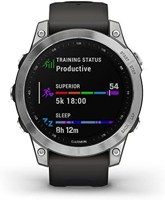 Garmin 010-02540-00 fenix 7, adventure smartwatch, rugged outdoor watch with GPS, touchscreen, health and wellness features, silver with graphite band (Renewed)