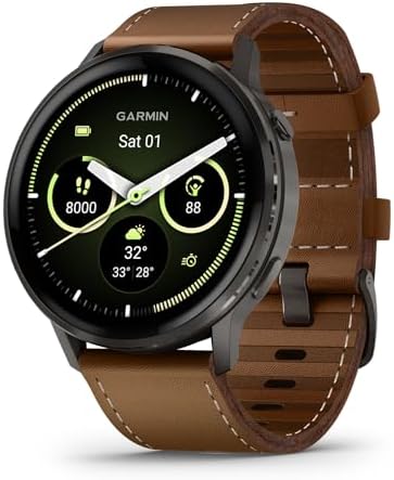 Garmin Venu® 4, 45mm, Advanced Health and Fitness GPS Smartwatch,Bright Colorful Display,Built-in Flashlight,12 Days of Battery Life, Slate with Black Silicone and Brown Leather Band - 2 Bands