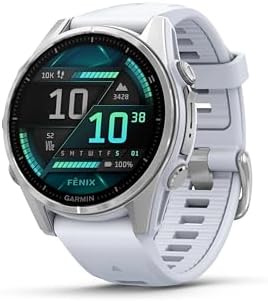 Garmin fēnix® 8 – 43mm, AMOLED, Premium Multisport GPS Smartwatch, Long-Lasting Battery Life, Dive-Rated, Built-in LED Flashlight, Silver with Whitestone Band