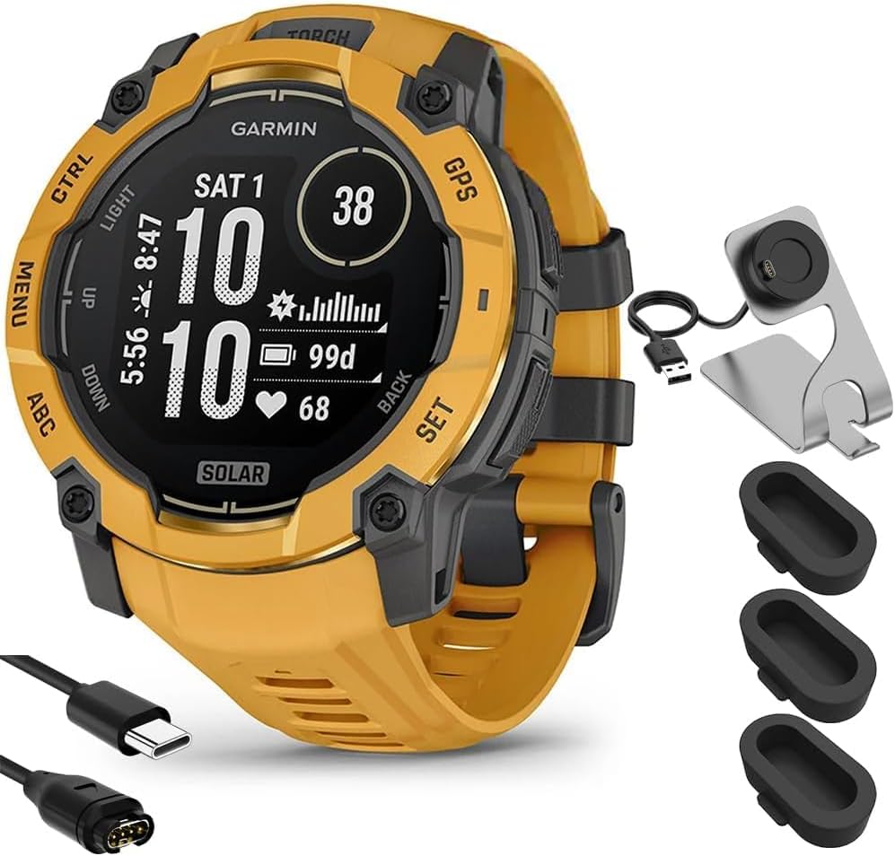 Garmin Instinct 3-50 mm Outdoor GPS Smartwatch Solar Sunburst with Sunburst/Gray Band 010-02935-02 Bundle with Deco Essentials Charging Dock, Silicone Dust Cover and USB Type C Charging Cable