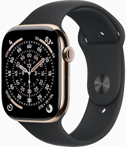 Apple Watch Series 11 [GPS + Cellular, 46mm] Gold Titanium Case with Black Sport Band, M/L (Renewed Premium)