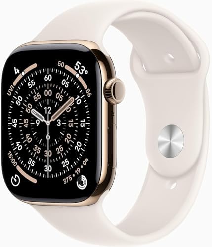 Apple Watch Series 11 [GPS + Cellular, 46mm] Gold Titanium Case with Starlight Sport Band, M/L (Renewed Premium)