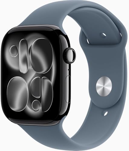 Apple Watch Series 11 [GPS, 46mm] Jet Black Aluminum Case with Anchor Blue Sport Band, S/M (Renewed Premium)