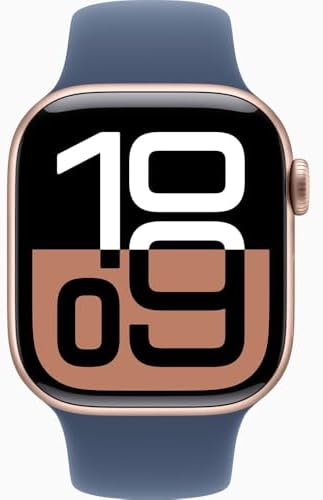 Apple Watch Series 10 [GPS + Cellular, 42mm] - Rose Gold Aluminum Case with Denim Sport Band, S/M (Renewed)