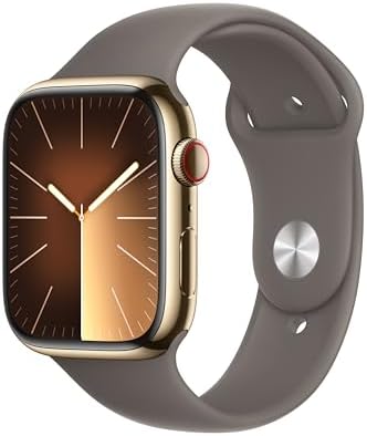Apple Watch Series 9 [GPS + Cellular, 45mm] - Gold Stainless Steel Case with Clay Sport Band, M/L (Renewed Premium)