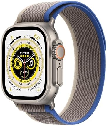 Apple Watch Ultra [GPS + Cellular 49mm] Titanium Case with Blue/Gray Trail Loop, S/M (Renewed)