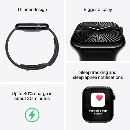 Apple Watch Series 10 [GPS 46mm case] Smartwatch with Silver Aluminum Case with Denim Sport Band - M/L. Fitness Tracker, ECG App, Always-On Retina Display, Water Resistant