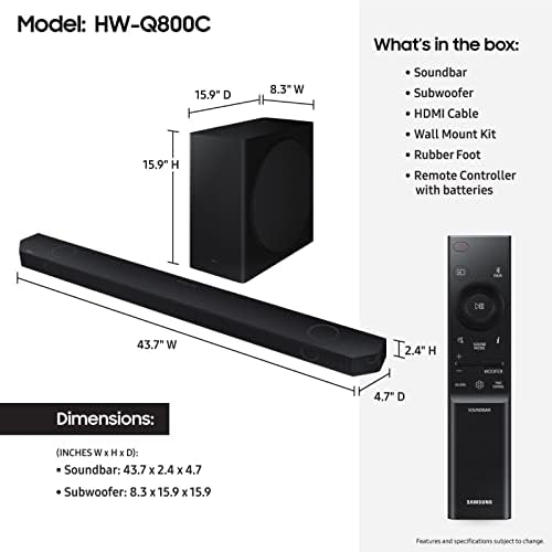 Samsung HW-Q800C 5.1.2ch Soundbar w/Wireless Dolby Audio, Q-Symphony, SpaceFit Sound Pro, Adaptive Sound, Game Mode Pro, Airplay 2, AVA, 8-Inch Subwoofer, Alexa Built-in | X, Q-Symphony, Spacefit Sound Pro, Airplay 2, Built-in Alexa