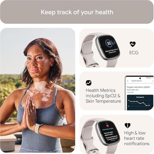 Fitbit Sense 2 Health and Fitness Smartwatch - Lunar White/Platinum | with Stress and Sleep Tools - 3-Month Google Health Premium Membership Included - ECG App, SpO2, 24/7 Heart Rate, and GPS