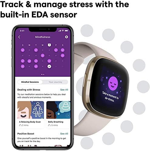 Fitbit Sense Health & Fitness Smartwatch W/GPS, Bluetooth Call/Text, Heart Rate SpO2, ECG, Skin Temperature & Stress Sensing (S & L Bands, 90 Day Premium Included) International Version (White/Gold)
