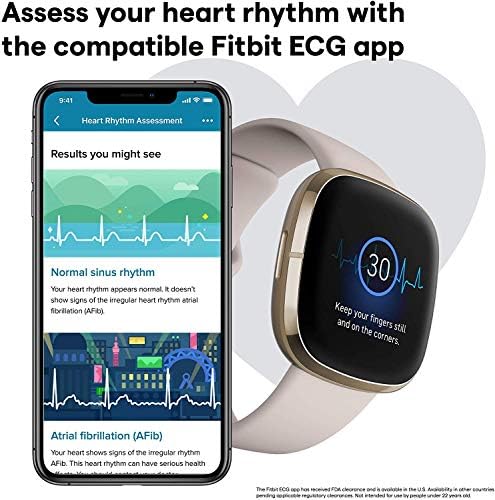 Fitbit Sense Health & Fitness Smartwatch W/GPS, Bluetooth Call/Text, Heart Rate SpO2, ECG, Skin Temperature & Stress Sensing (S & L Bands, 90 Day Premium Included) International Version (White/Gold)