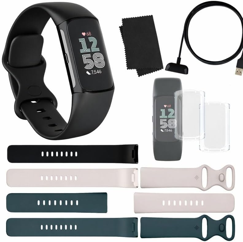 Fitbit Charge 6 Fitness Tracker (Bundle) – Black/Obsidian – Heart Rate, GPS, Sleep & Stress Tracking + Fast Charger, & Cleaning Cloth (Black)