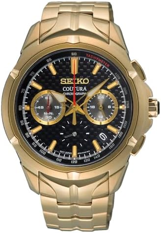 SEIKO SSB438 Men's Coutura Chronograph Quartz Watch - Black Dial Stainless Steel with Light Gold Band 100 Meters Water Resistant