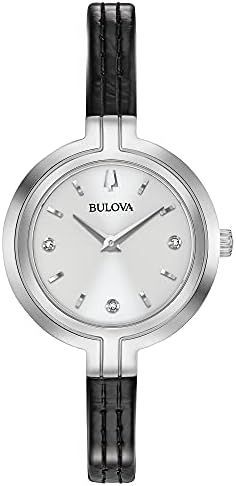 Bulova RhapsodyQuartz Ladies Watch, Stainless Steel with Black Leather StrapDiamond , Silver-Tone (Model: 96P211)