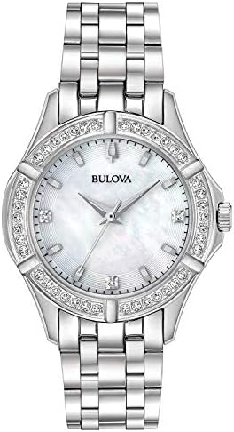 Bulova Ladies' Classic Stainless Steel 3-Hand Quartz Watch, Diamond Dial and Bezel with White Mother-of-Pearl Dial Style: 96R233