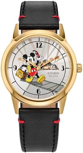 Citizen Men's Eco-Drive Disney Mickey Mouse Watch, Black Leather Strap, Silver-Tone Dial (Model: FE7063-07W)