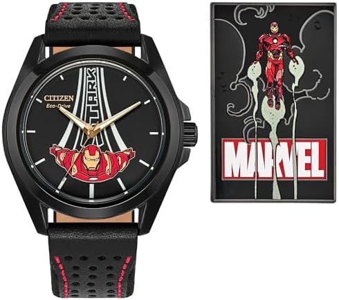 Citizen Men's Eco-Drive Marvel Tony Stark Watch, Black Leather Strap, Black Dial, 3 Hand (Model: AW2095-41W)