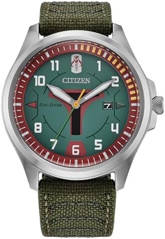 Citizen Mens Eco-Drive Boba Fett Watch, Silver-Tone Stainless Steel Case with a Green Nylon Strap & Green Dial (Style: AW1418-06W)
