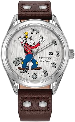CITIZEN Men's Eco-Drive Mickey's Friends, 40.2mm Silver-Tone Stainless Steel Case with a Brown Leather Strap & White Dial (Style: AW1698-08W)